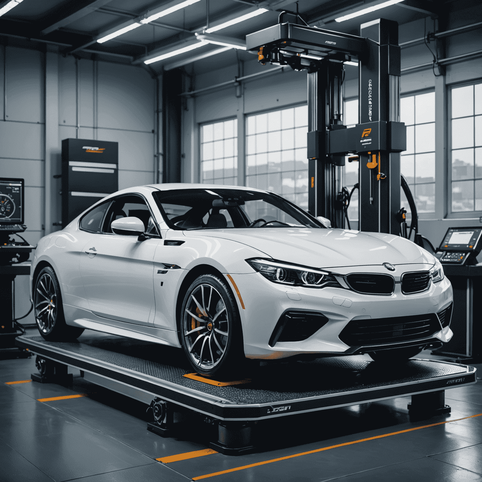 High-tech wheel alignment machine adjusting a sports car's wheels with laser precision. The machine displays complex measurements and diagnostics on a futuristic interface.