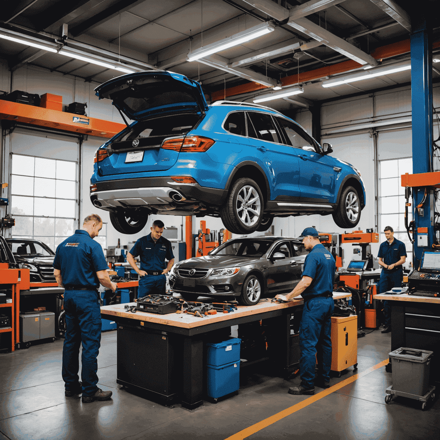 A team of skilled mechanics working on various vehicles in a high-tech garage environment. The image showcases advanced alignment equipment, computerized diagnostic tools, and a clean, organized workspace.